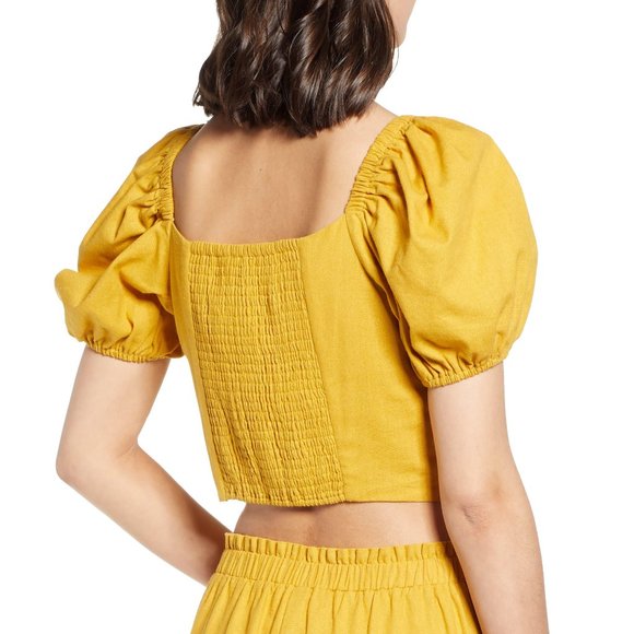 NWT Band of Gypsies Boho Yellow Tie Front Short Balloon Sleeves Linen Top, XS - Picture 5 of 7